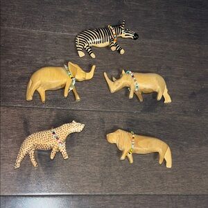 Wooden Carved Safari Animal Figurines Set